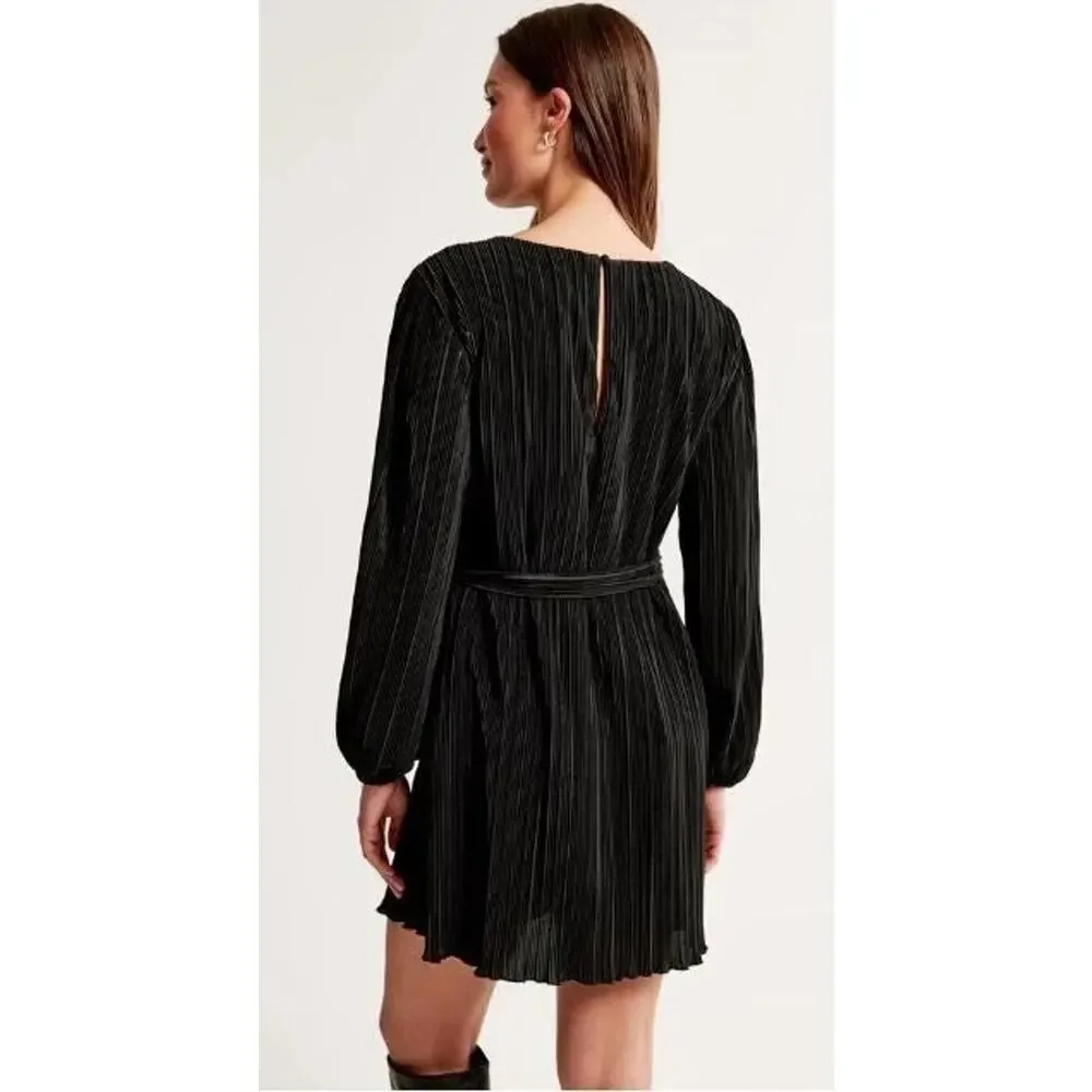 Abercrombie & Fitch Satin Plisse Easy Mini Dress Black - M Petite - Picture 4 of 4